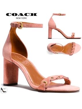 Coach Link Peony Pink Suede Ankle Strap Heeled Sandals Block Heel Dress Shoes 7